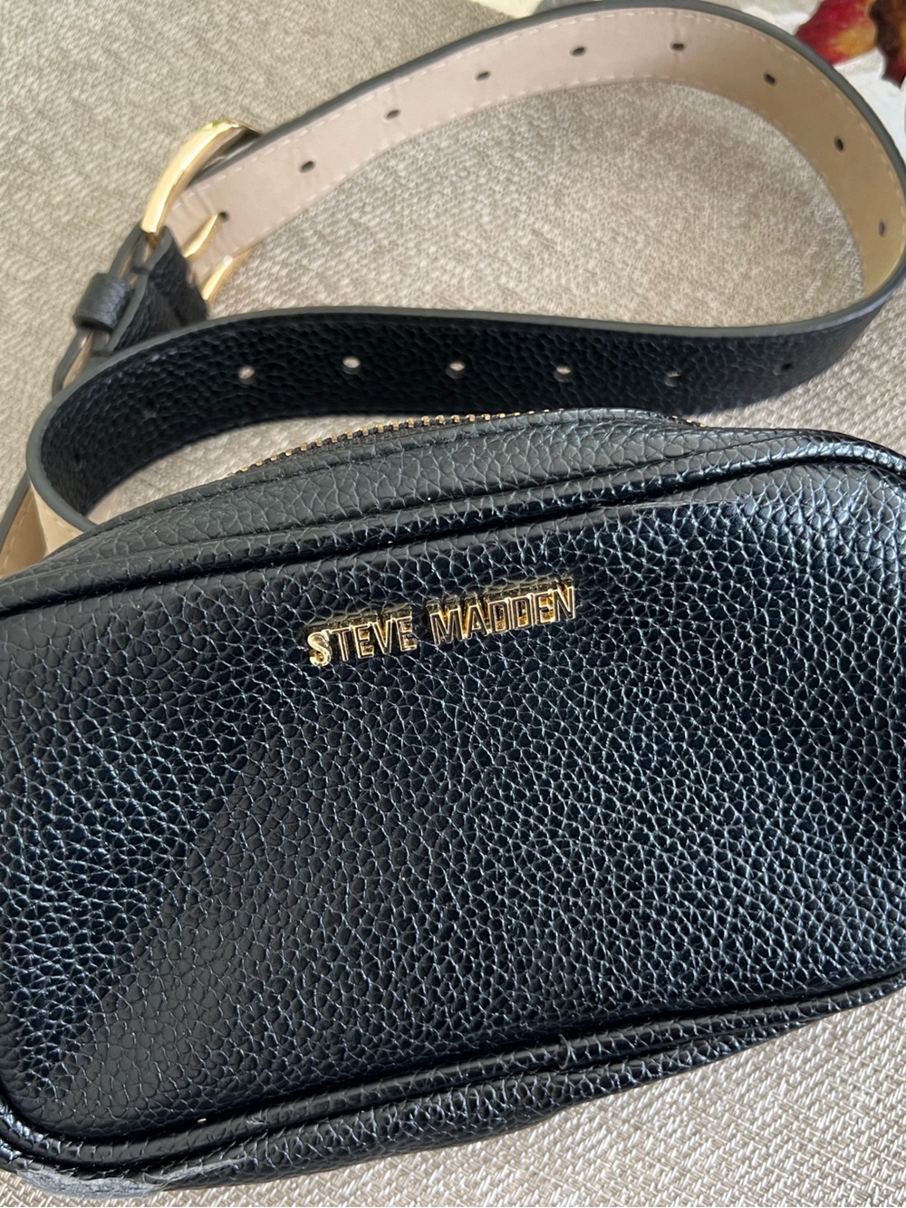 Steve Madden Black Pebbled Leather Waist Bag with Gold Hardware